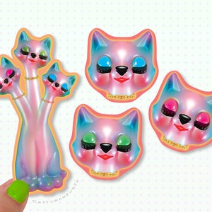 Anthropomorphic 3 Headed Cat Sticker Set of 4 Stickers Kawaii Stickers Vintage Kitsch Inspired - Weird Stuff Creepy Cute