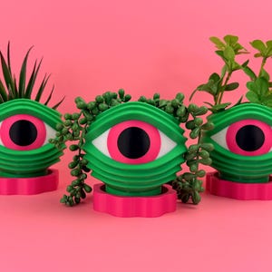 May include: Three eye-shaped planters with green ribbed lids, bright pink irises, white sclera, and black pupils. Each planter sits on a scalloped pink base. The planters contain various green plants, including spiky foliage and trailing vines.