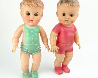 Vintage Sun Rubber Company Toy Baby Doll 1956, 10 Inch Tall, Glass Eyes,  Mint Green Or Pink