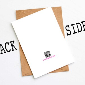 May include: A blank white card with a brown envelope. The card has the text "SIDE" printed on the right side and a QR code with the text "cattyandmossy.com" printed on the bottom. The envelope has the text "BACK" printed on the left side.