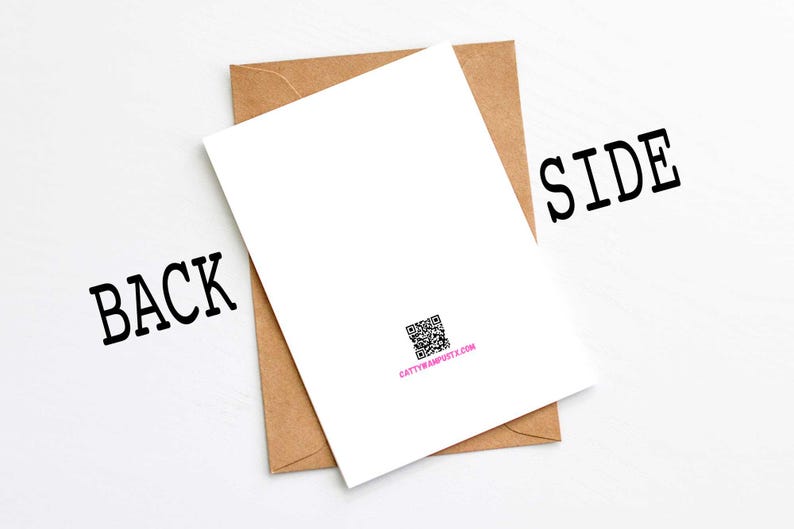 May include: A blank white card with a brown envelope. The card has the text "SIDE" printed on the right side and a QR code with the text "cattyandmossy.com" printed on the bottom. The envelope has the text "BACK" printed on the left side.