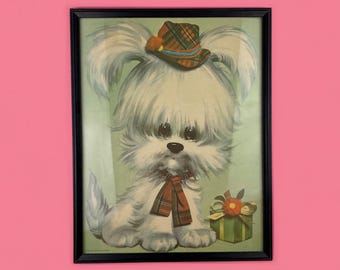 Vintage 1970's Kitschy Puppy Framed w/Glass Lithograph Print by Colonial Studios, Retro Kitsch Art Gallery Wall Decor 11.75" x 14.75"