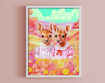May include: Two fawn deer wearing pink dresses with white lace collars and bows stand in a field of colorful flowers. The background is a vibrant landscape with a blue sky and fluffy clouds.