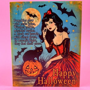 May include: Vintage-style Halloween artwork featuring a woman in a red dress, a black cat, and a jack-o'-lantern. The image includes bats, a full moon, and the text "Happy Halloween" and a poem.