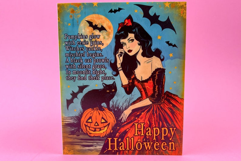 May include: Vintage-style Halloween artwork featuring a woman in a red dress, a black cat, and a jack-o'-lantern. The image includes bats, a full moon, and the text "Happy Halloween" and a poem.