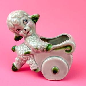 Vintage Anthropomorphic Lamb Pushing Cart Planter | Green, MCM - Cute Kitschy Animal , Retro Saint Patricks day Decor