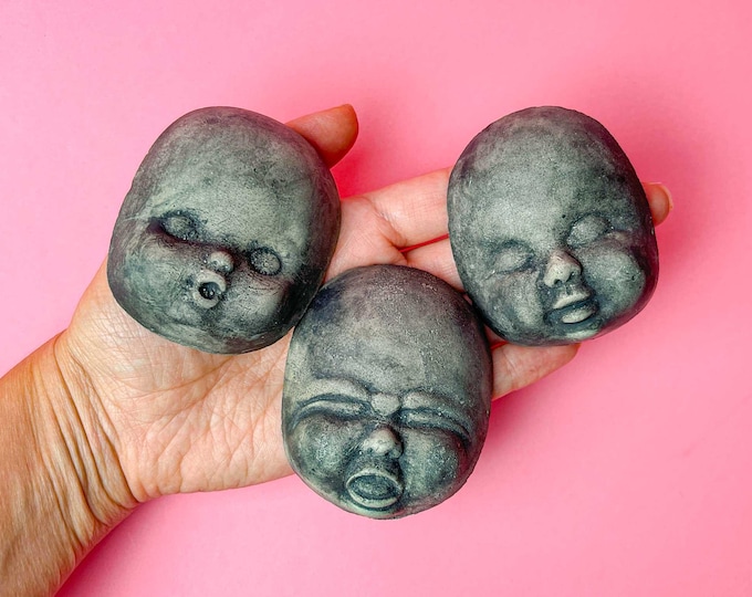 Set of 3 Creepy Baby Doll Head Faces Spooky Wall art, Cement Garden Lawn Ornaments, Halloween Decor, Maximalist Decorations, Weird Stuff