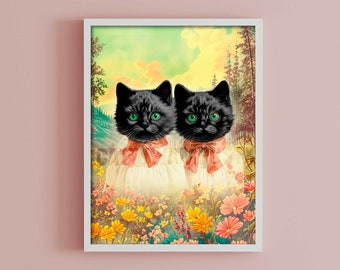 Kitschy Anthropomorphic Black Cats Fine Art Print, Whimsical Kitsch Wall Art, Eclectic Maximalist Wall Art, Weird Stuff, Cute Weird Decor