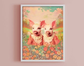 Kitschy Anthropomorphic Pigs Fine Art Print, 2 Whimsical Piggy Kitsch Wall Art, Eclectic Maximalist Wall Art, Weird Stuff, Cute Weird Decor