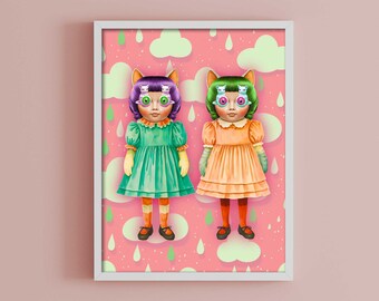 Whimsical Retro Kitsch Wall Art - Eclectic Maximalist Print - Cute and Weird Decor - Kitschy Anthropomorphic Cat Doll Fine Art, Weird Stuff