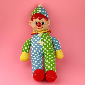 Vintage Rubber Face Knickerbocker Stuffed Circus Clown Doll | Retro Kitschy Decorative Handmade Doll