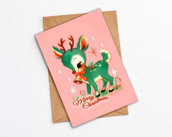 Kitschy Reindeer Christmas Card, Cute Retro Vintage Inspired Holiday Greeting Cards w/Envelope, Kawaii Anthropomorphic, Merry Christmas Card