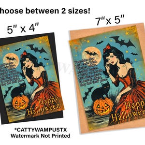 May include: Halloween greeting cards in two sizes: 5" x 4" and 7" x 5". Each card features a vintage illustration of a woman in a red dress, a black cat, and a jack-o'-lantern. The text reads "Happy Halloween".