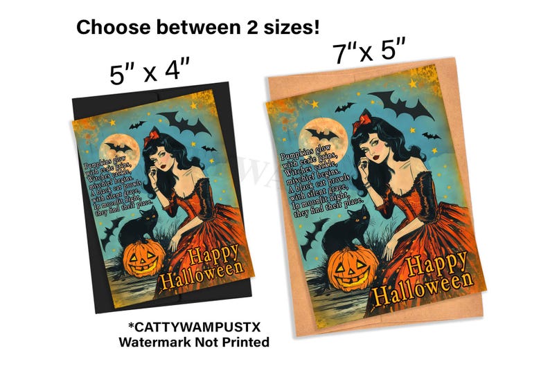May include: Halloween greeting cards in two sizes: 5" x 4" and 7" x 5". Each card features a vintage illustration of a woman in a red dress, a black cat, and a jack-o'-lantern. The text reads "Happy Halloween".