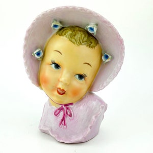 Vintage Baby Girl Ceramic Head Vase, Pink/lavender, Flower buds on Pink Bonnet, Whimsical Planter Mid Century Kitschy Nursery Decor UCAGCO