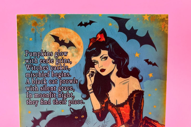 May include: Vintage-style Halloween art print featuring a woman with dark hair and a red bow, a black cat, bats, and a full moon. The artwork includes the text "Pumpkins glow with eerie grins, Witches cackle, mischief begins."