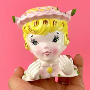 Vintage Head Vase Planter Southern Bell | Girl with Blonde Hair and Flower Hat, Kitschy Ceramic Figurine, Midcentury, Enesco Made in Japan