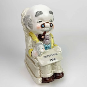Vintage Funny Father&#39;s day Gift - Old Man Retirement Fund Grandpa Rocking Chair Figurine Lefton Coin Bank |