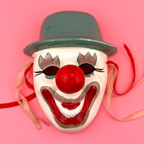 Vintage Kitschy Ceramic Clown Mask Wall Hanging by Davar | Hand Painted- Clown Wall Art