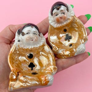 Vintage Pierrot Clown Trinket Dishes – Tea Bag Holders, Ceramic Jester Ashtray Set of 2 – Made in Japan -Kitschy Retro Decor
