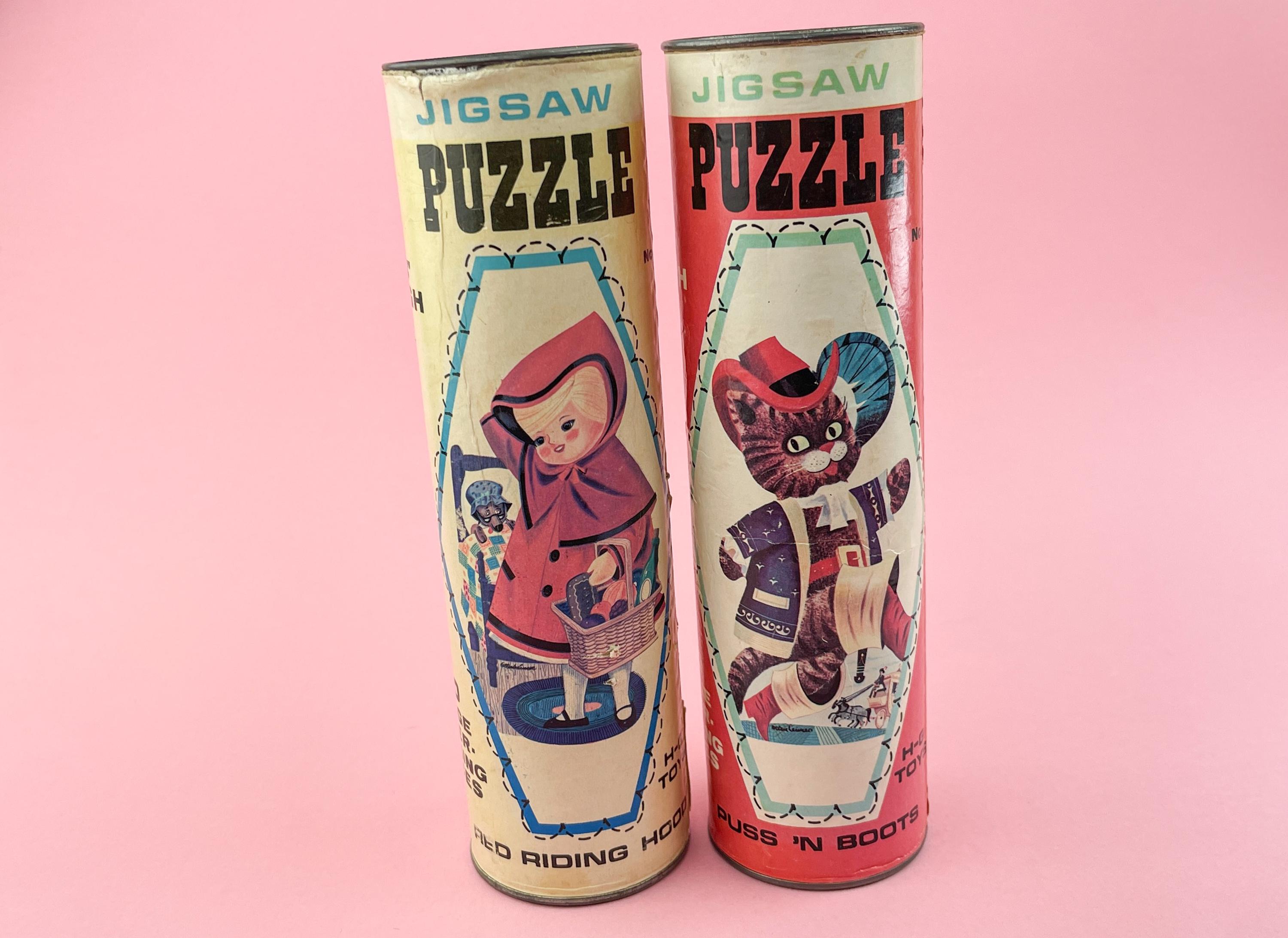Lot of 2 Vintage Cardboard Puzzles in Tin Tubes – Puss in Boots & Little Red Riding Hood – 1950s Retro Kids Toys