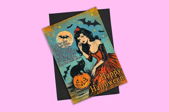 Vintage Inspired Halloween Greeting Card - Spooky Witch w/Bats, Black Cat & Pumpkin, Blank Inside with Black Envelope - Witchy Retro Cards