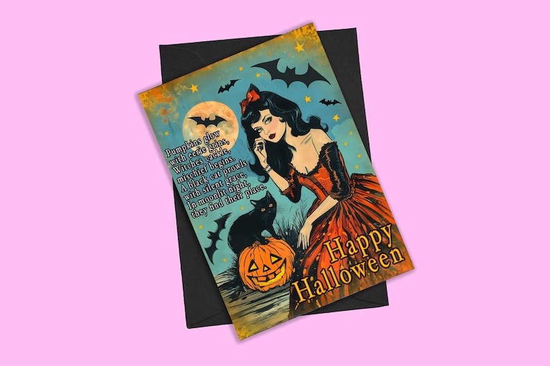 May include: Vintage Halloween greeting card featuring a woman in an orange and black dress, a black cat, and a jack-o'-lantern. The card has the text "Happy Halloween" and a poem about witches and pumpkins. A black envelope is behind the card.