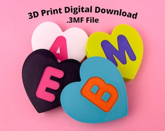 May include: Four heart-shaped 3D printed objects with letters spelling "BEAM". The letters are in contrasting colors: pink, orange, and purple. The background is a solid pink color. Text at the top reads "3D Print Digital Download .3MF File".