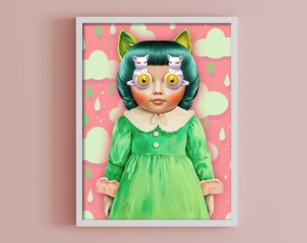 Whimsical Retro Kitsch Wall Art - Eclectic Maximalist Print - Kitschy Anthropomorphic Cat Doll Fine Art, Weird Stuff - Cute and Weird Decor