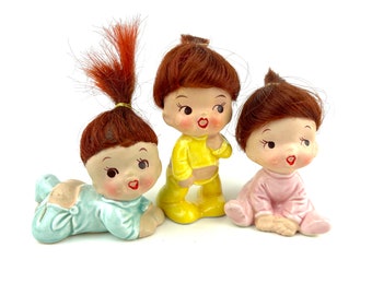 Vintage Enesco Babies Wearing Pajamas Set of 3 Figurines Kitschy Decor Ceramic Red Hair Baby Triplets Kawaii Figurine Collectables Japan