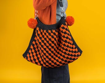 Large Crochet Halloween Crossbody Bag – Handmade Gothic Shoulder Tote, Lined Retro Purse with Pom-Poms, Spooky Cute Fall Bag