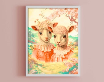 Kitschy Anthropomorphic Lamb Fine Art Print, 2 Whimsical Sheep Kitsch Wall Art, Eclectic Maximalist Wall Art, Weird Stuff, Cute Weird Decor