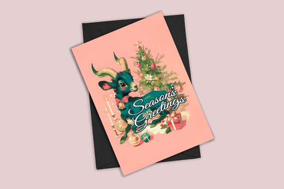 Witchy Christmas Card - Anthropomorphic Goat, Cute Vintage Inspired Holiday Greeting Cards - Pastel Goth X-Mas Card w/Envelope