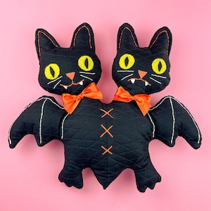 Two-Headed Black Cat-Bat Plush, Kitschy Handmade Halloween Decorations, Spooky Stuffed Animal, Retro Vintage Inspired Oddity, Weird Stuff