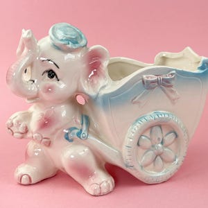 Vintage Kitschy Baby Elephant with Wagon Planter – Pastel Anthropomorphic Nursery Decor – Retro Collectible