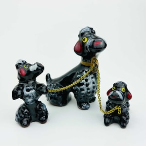 Vintage Red Ware Style Black and white Poodles on Chains - Mid Century Decorfigurines