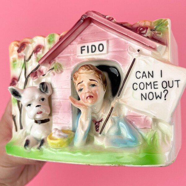 Vintage Rubens Planter Man in the Dog House - Fido Doghouse Planter – "Can I Come Out Now?" | Mid-Century Kitsch Ceramic Figurine