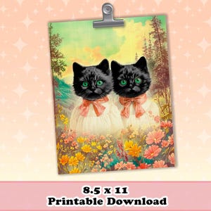 Arte mural de gatos negros, decoración de pared imprimible de animales / Impresión kitsch antropomórfica - Descarga digital instantánea retro vintage estilo cottagecore
