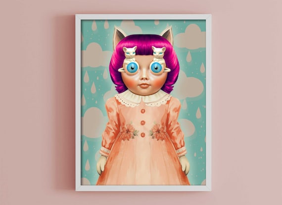 Kitschy Anthropomorphic Cat Doll Fine Art, Retro Kitsch Wall Art - Whimsical Eclectic Maximalist Print - Cute and Weird Decor - Weird Stuff