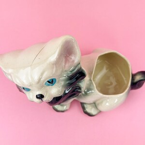 May include: A vintage ceramic cat planter in cream, gray, and black, with blue eyes. The cat-shaped planter has an open compartment on its back for holding small plants or decorative items. The planter is on a pink background.