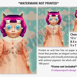 Puede incluir: Una ilustraci&oacute;n digital de una mu&ntilde;eca con cabello rosado y ojos azules. La mu&ntilde;eca lleva un vestido color melocot&oacute;n con ribetes blancos y tiene dos gatitos blancos en la cabeza. El fondo es azul claro con nubes blancas y gotas de lluvia. El texto "Choose from: 13 x 19, 8.5 x 11, 5 x 7" est&aacute; en la esquina inferior derecha de la imagen. El texto "*Frame not included* A CattywampusTx design" est&aacute; en la esquina inferior derecha de la imagen.