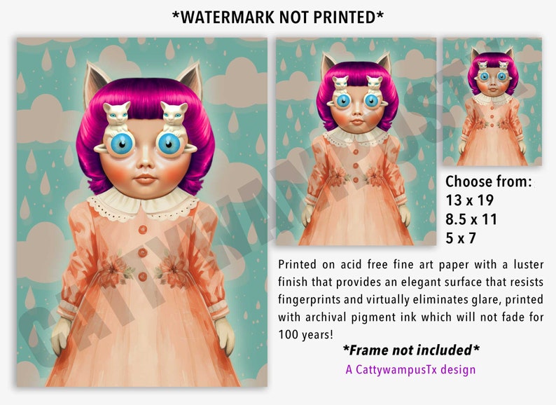 Puede incluir: Una ilustraci&oacute;n digital de una mu&ntilde;eca con cabello rosado y ojos azules. La mu&ntilde;eca lleva un vestido color melocot&oacute;n con ribetes blancos y tiene dos gatitos blancos en la cabeza. El fondo es azul claro con nubes blancas y gotas de lluvia. El texto "Choose from: 13 x 19, 8.5 x 11, 5 x 7" est&aacute; en la esquina inferior derecha de la imagen. El texto "*Frame not included* A CattywampusTx design" est&aacute; en la esquina inferior derecha de la imagen.
