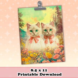 Arte mural de gatos persas blancos, decoración de pared imprimible de animales / Impresión kitsch antropomórfica, descarga digital instantánea retro vintage estilo cottagecore