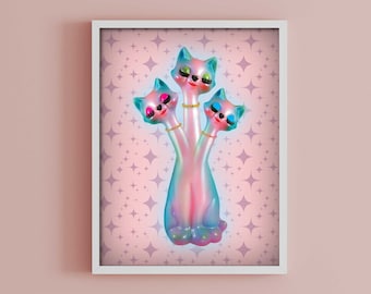 Kitschy Anthropomorphic 3 Headed Cat Fine Art, Whimsical Retro Kitsch Wall Art, Eclectic Maximalist Print, Weird Stuff, Cute and Weird Decor