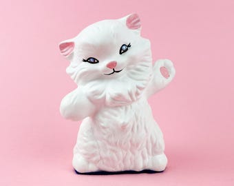 Vintage Ceramic Persian White Kitten Figurines | Mid Century Anthropomorphic Kitschy Cat decor, Cute Kitsch Kittens 4.75" Tall