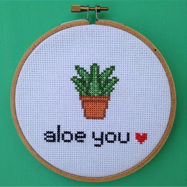 Cute Cross Stitch Pattern -- "Aloe You" with Aloe Plant