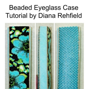 Może przedstawiać: Samouczek tworzenia etui na okulary z koralików autorstwa Diany Rehfield. Etui jest wykonane z koralików niebieskich, zielonych i czarnych. Etui jest pokazane z trzech różnych perspektyw.