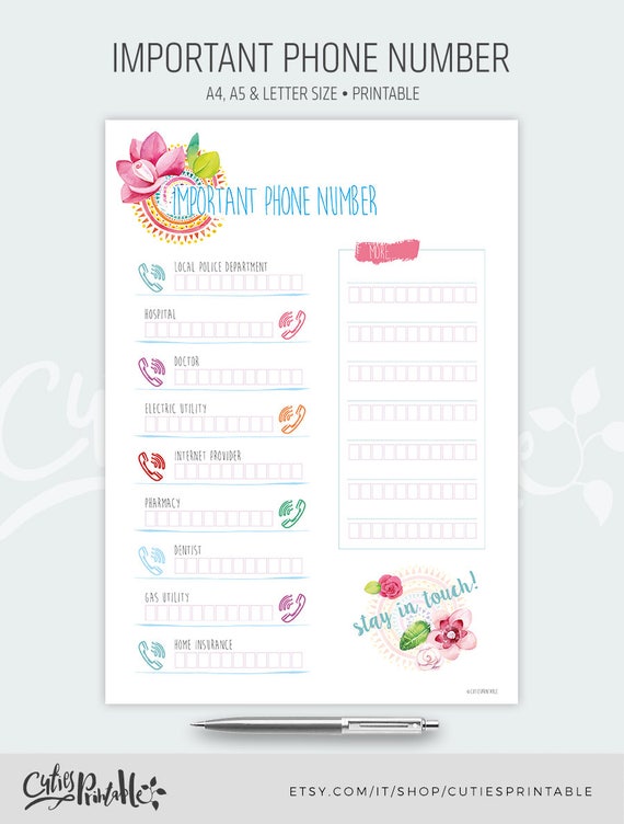 Digital Important Phone Numbers Printable 