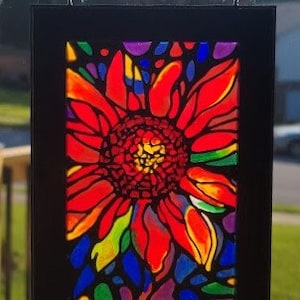 MINI SUNFLOWER SUNCATCHER~ stained glass painting, suncatcher, housewarming gift, unique gift, multi colored glass, window art, blue glass