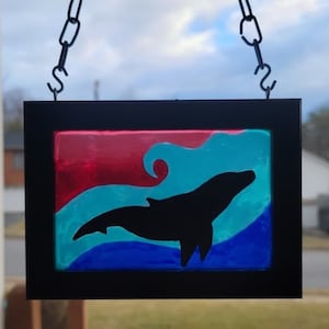 SUNSET WHALE SUNCATCHER~ stained glass painting, suncatcher, blue glass, ocean décor, window art, glass art, housewarming gift, unique gift